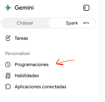 Ubicación de la pestaña Spark BETA y el menú Programaciones en la barra lateral